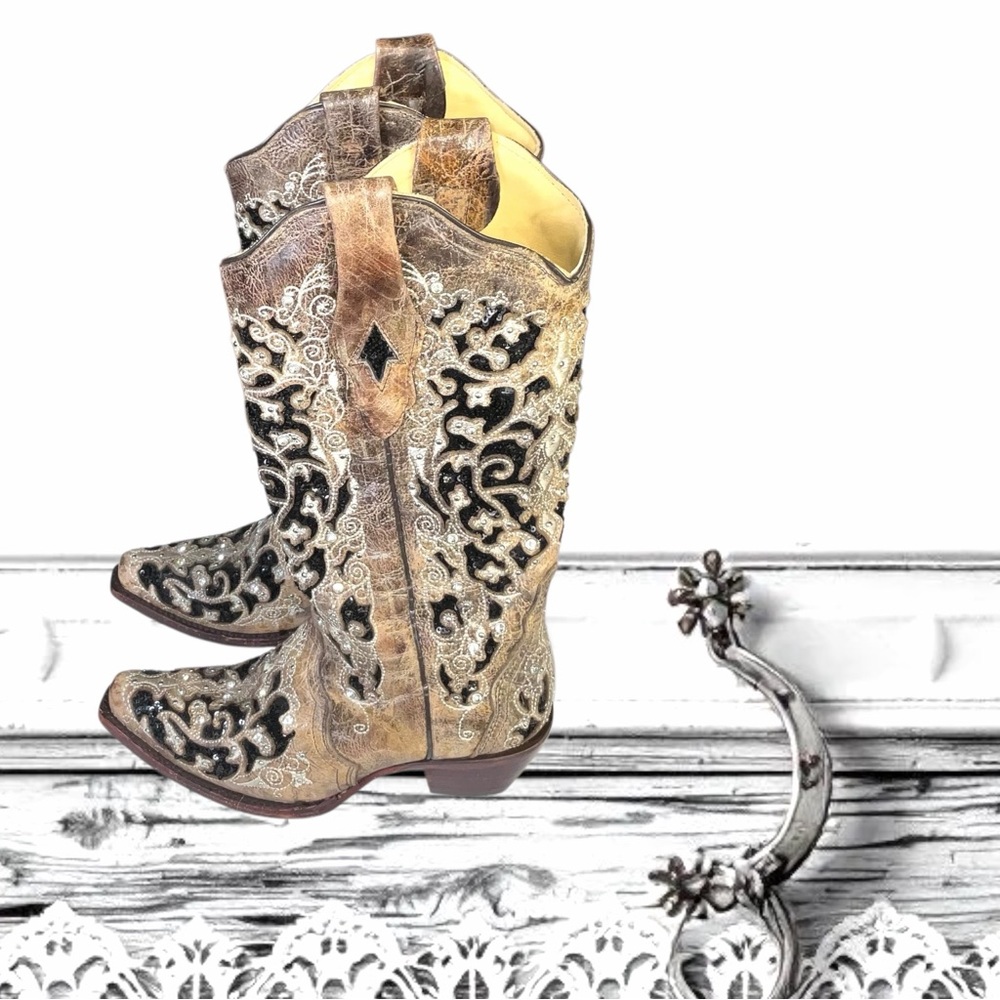Corral Inlay Sequins Studs Stitched Scrolling Western Square Toe Boots Women 6.5